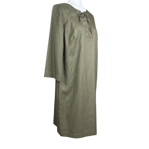 Talbots Shift Dress 10 Lace Up 3/4 Sleeve Tencel Blend Army Green Closet Staple - Picture 3 of 10